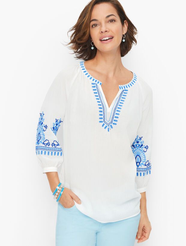 Crinkle Gauze Embroidered Top | Talbots