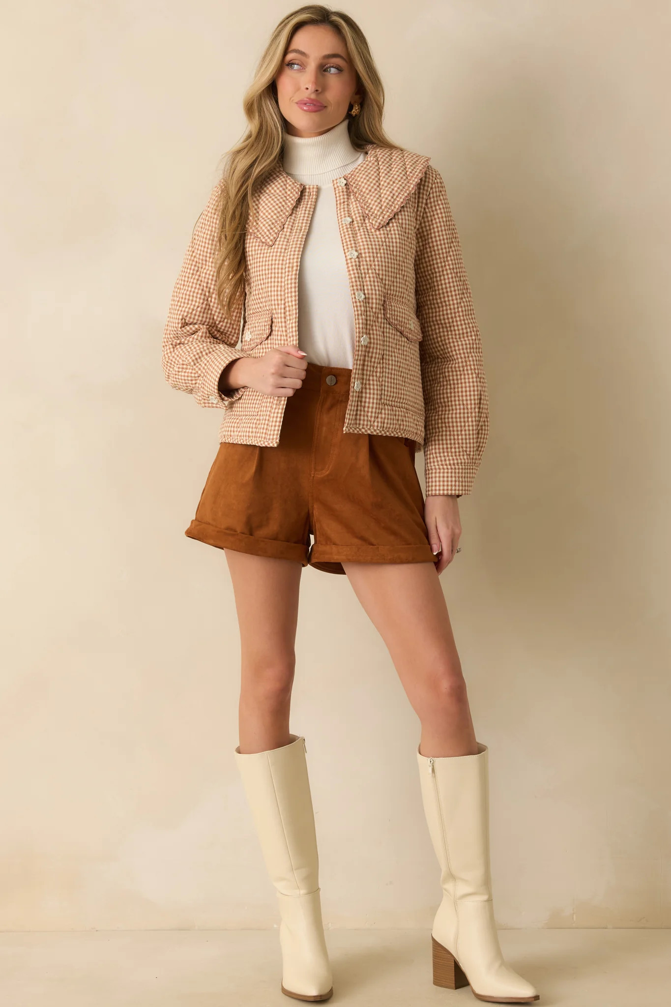 Easier Than You Think Light Rust Gingham Quilted Jacket | Red Dress