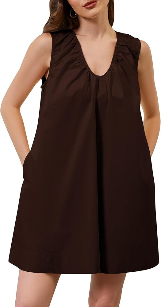 Livtany Women's Scoop Neck Babydoll Cute Mini Dress Flowy Sleeveless Short Dress Ruched Loose Fit... | Amazon (US)