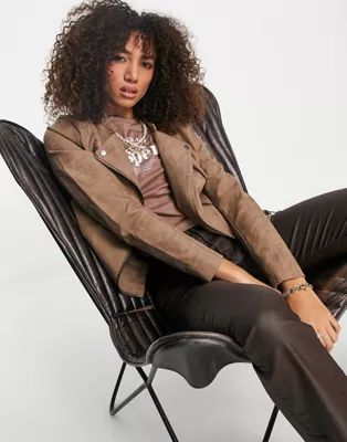 Only faux leather jacket in brown | ASOS | ASOS (Global)