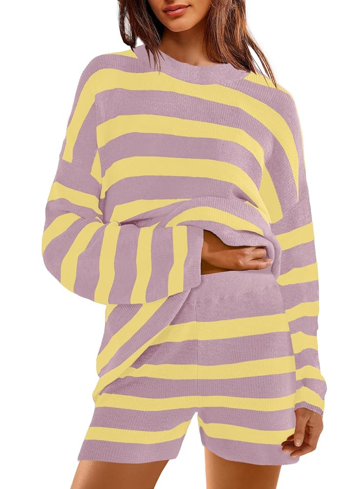 Yanekop Womens Striped Sweater Sets Tunic Matching Set Oversized Lounge Sets 2 Piece Long Sleeve ... | Amazon (US)