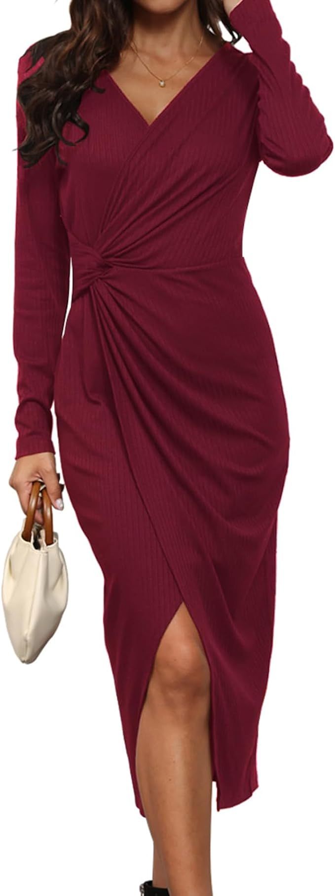 Hount Women's 2023 Fall V Neck Long Sleeve Sweater Dress Casual Ribbed Knit Bodycon Midi Cocktail... | Amazon (US)