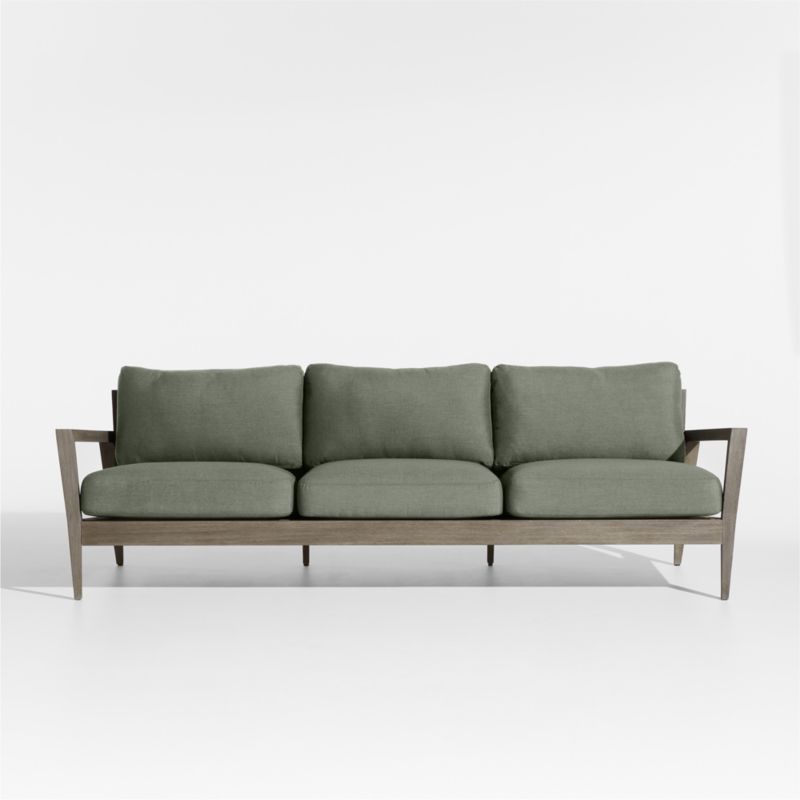 Andorra 97" Weathered Grey Wood Outdoor Sofa with Sage Green Sunbrella Cushions | Crate & Barrel | Crate & Barrel