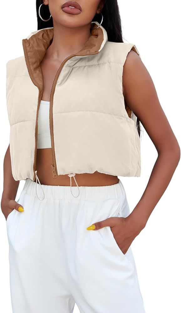 Allytok Womens Cropped Puffer Vest Lightweight Sleeveless Zip Up Y2K Puffy Vests Crop Tops | Amazon (US)