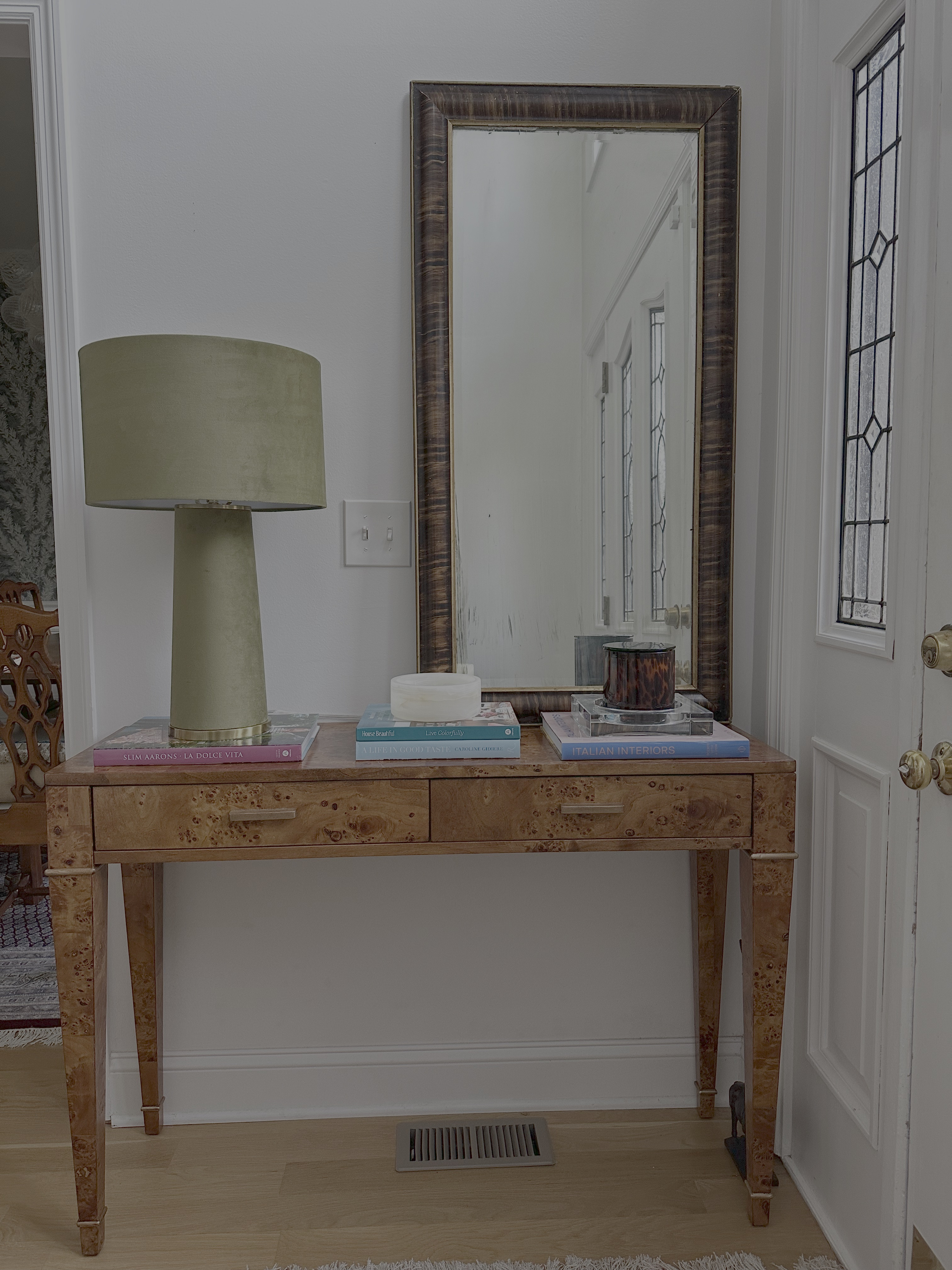 Just found this olive green velvet wrapped lamp at Home Goods and am trying her out in the entry way. I think maybe too big? But we'll find another spot! Rounding up some similar options for you here as well as the new burl wood entry table I'm obsessed with! #homedecor #lamps #entrywaystyling  

 #LTKHome