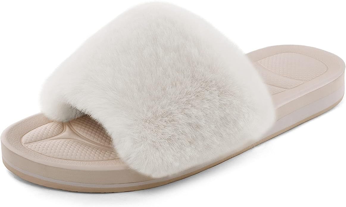 DREAM PAIRS Women's Fuzzy House Slippers Fluffy Fur Slides Open Toe | Amazon (US)