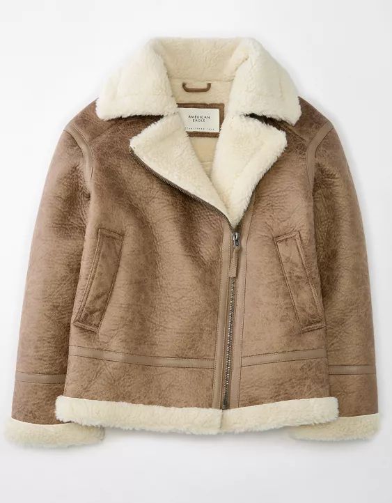 AE Oversized Vegan Shearling Moto Jacket | American Eagle Outfitters (US & CA)