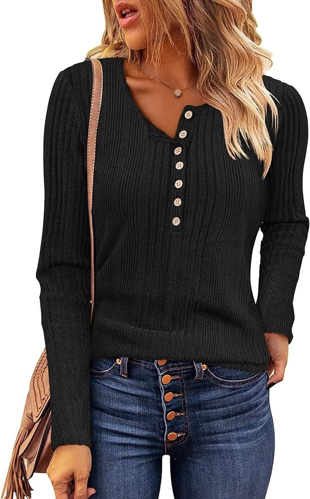 Zeagoo Womens Sweaters Ribbed Knit Slim Fit Long Sleeve Henley Shirts Pullover V Neck Button Basi... | Amazon (US)