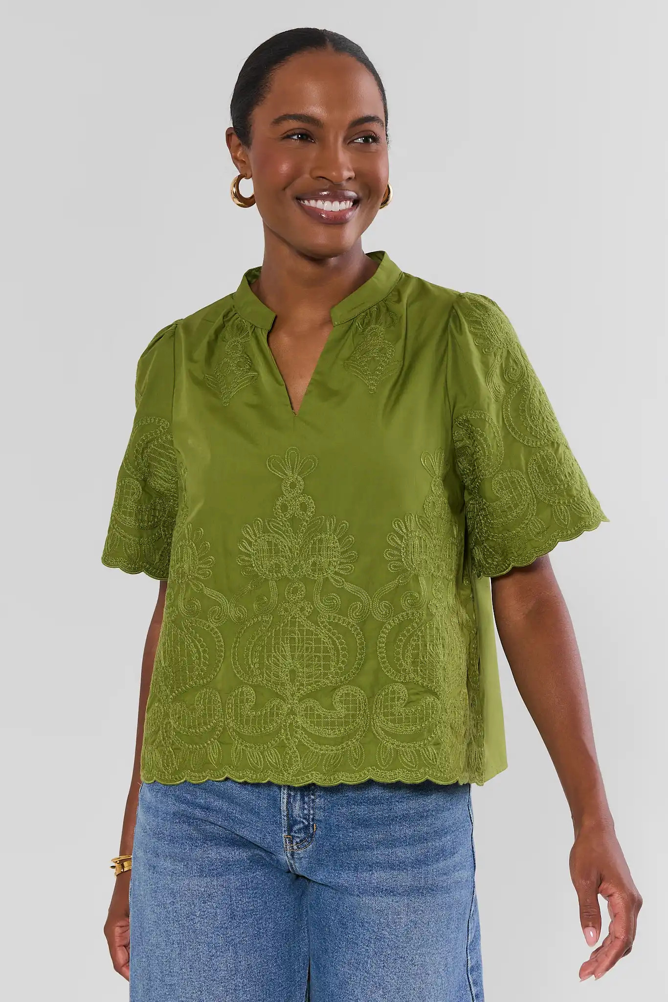 Green Embroidered Split Neck Top | Avara