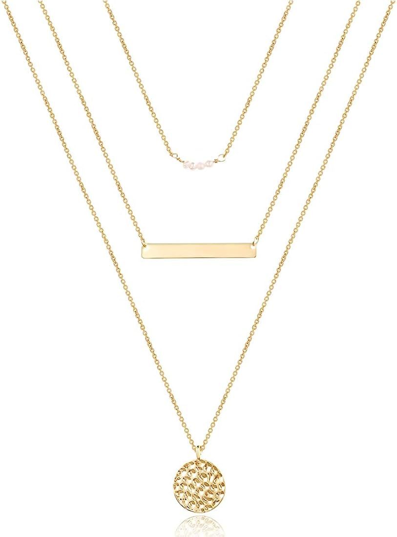 Dainty Layered Choker Necklace, Handmade 14K Gold Plated Y Pendant Necklace Multilayer Bar Disc N... | Amazon (US)