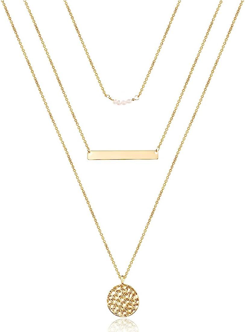 Dainty Layered Choker Necklace, Handmade 14K Gold Plated Y Pendant Necklace Multilayer Bar Disc N... | Amazon (US)