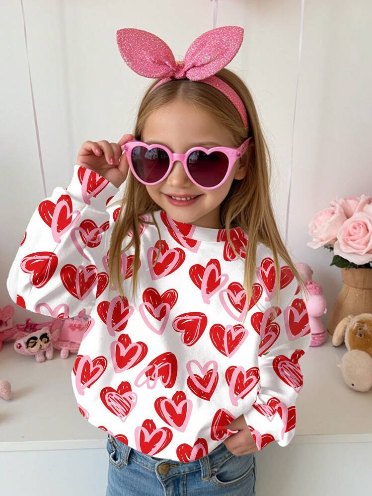 SHEIN Valentine's Day Pink & Red Handpainted Heart Print Casual Relaxed Fit Crew Neck Comfy Every... | SHEIN
