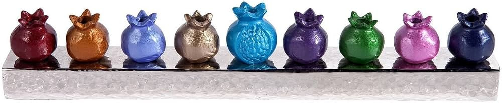 Hanukah Menorah Strip of Colored Pomegranate Candle Holders Designed by Artist (Multicolor) | Amazon (US)