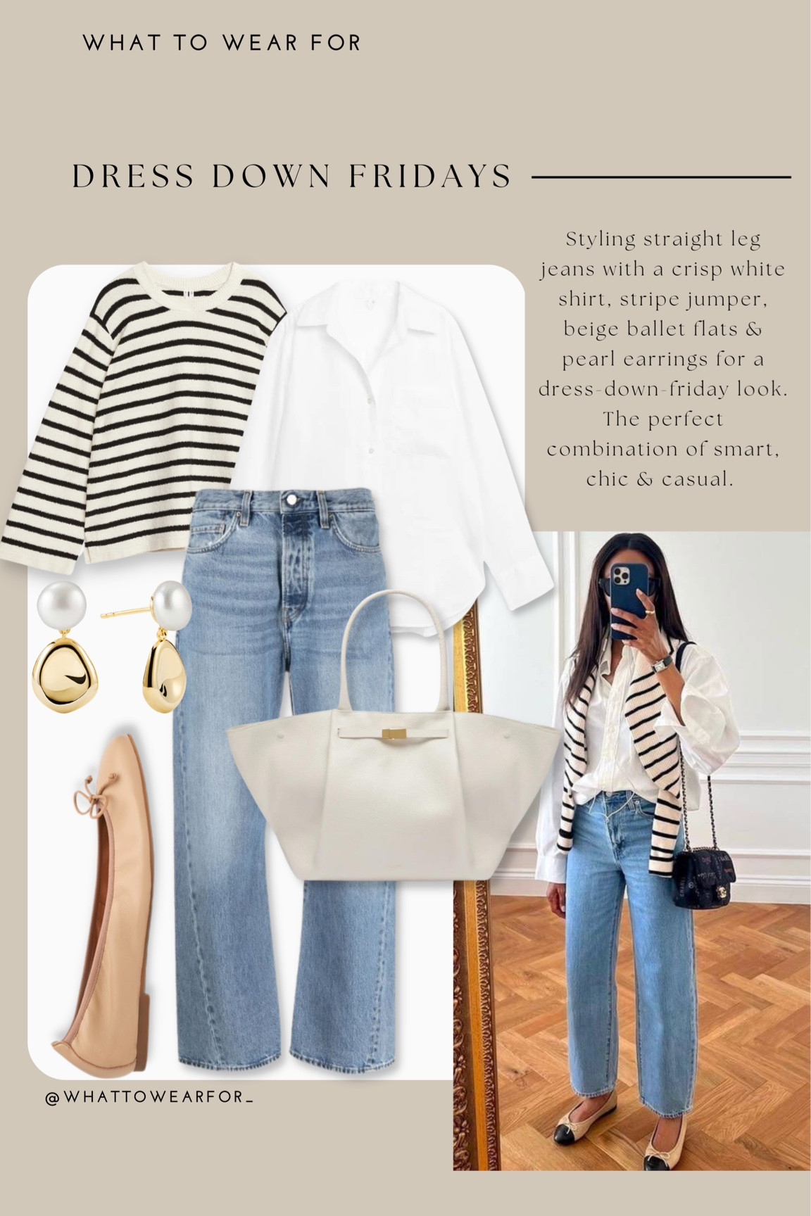 A chic casual smart look for dress down Fridays at the office 🫶 

Straight leg jeans, stripe jumper, white shirt, beige ballet pumps, white demellier tote bag, pearl earrings 

#LTKstyletip #LTKSeasonal #LTKworkwear