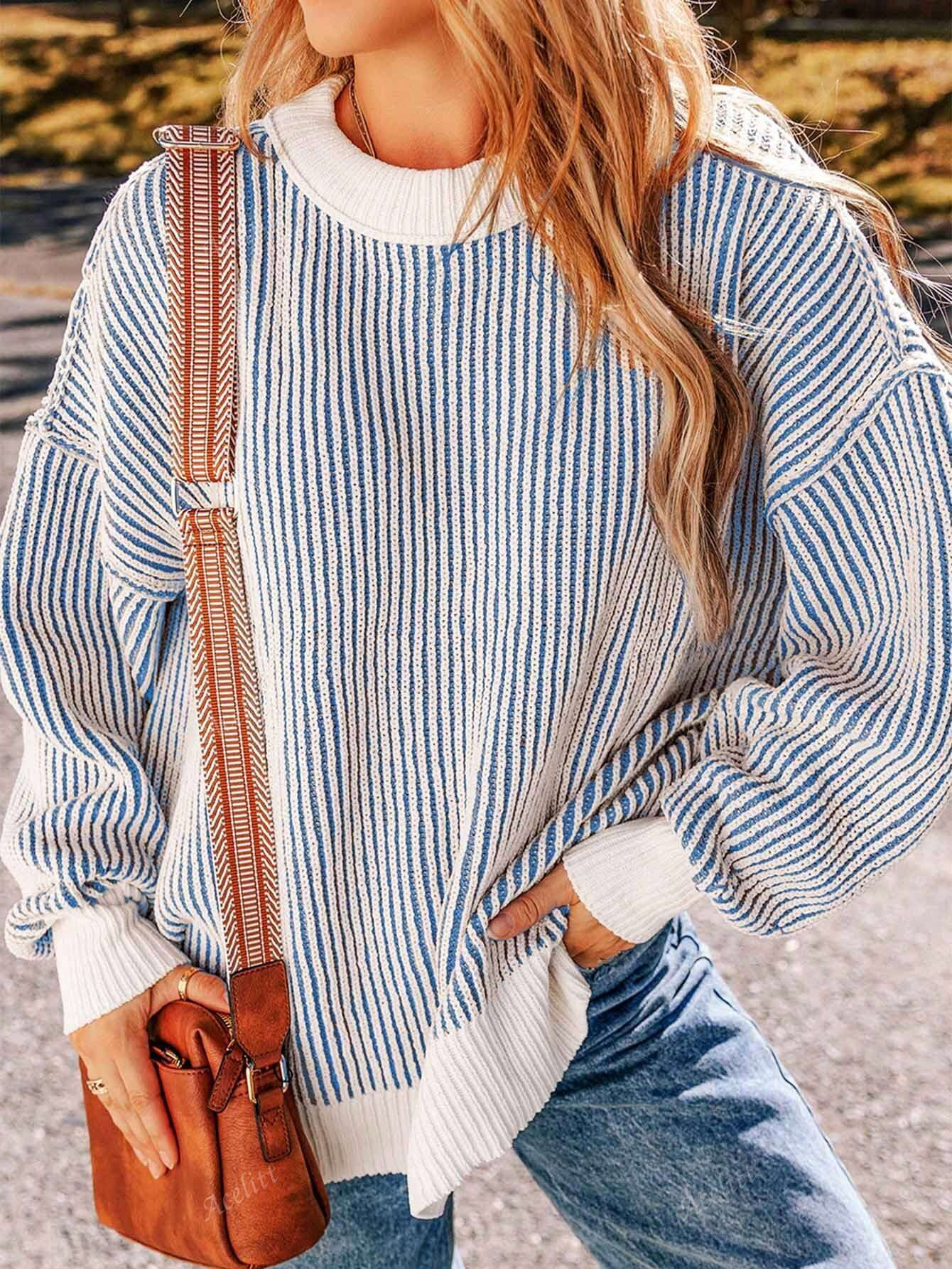 Acelitt Fashionable Stripe Contrast Color Loose Fit Round Neck Long Sleeve Pullover Sweater | SHEIN