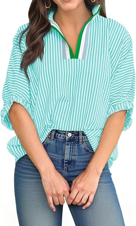 Tankaneo Womens V Neck Striped Blouse Oversized Dolman Sleeve Tops Summer Casual Loose Fit Polo S... | Amazon (US)