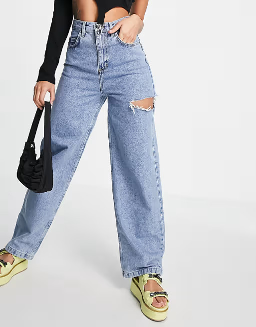 Topshop Baggy jean with side rip in mid blue | ASOS (Global)