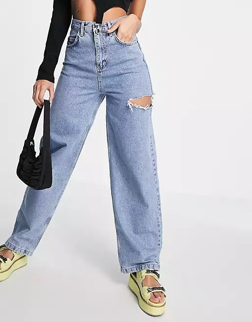 Topshop Baggy jean with side rip in mid blue | ASOS (Global)