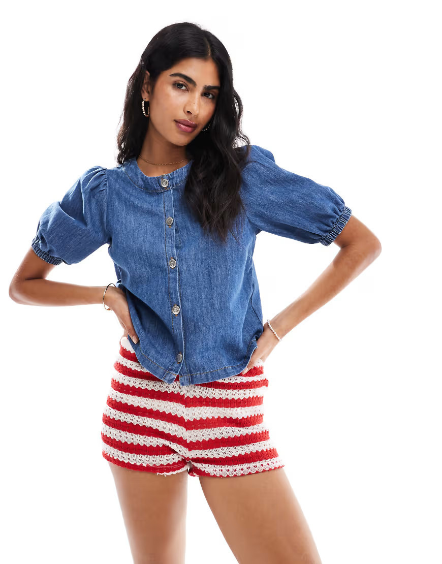 Miss Selfridge puff sleeve denim top in mid blue | ASOS (Global)