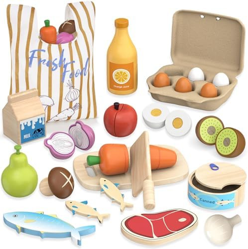 Wooden Play Food Toys for Kids - Pretend Play Kitchen Accessories Toy Set | Amazon (US)