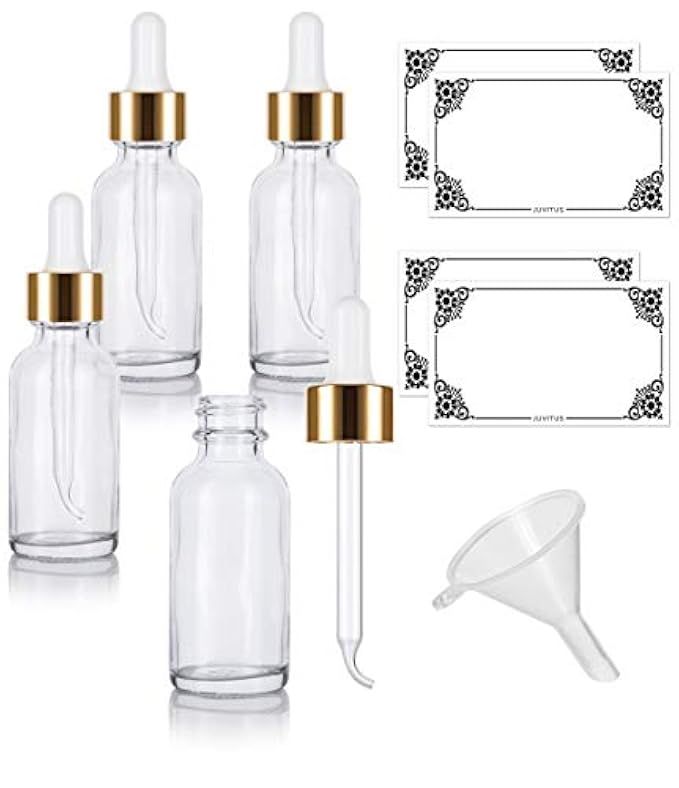 1 oz Clear Glass Boston Round Bottle with Gold Metal and Glass Dropper (4 pack) + Funnel and Labels  | Amazon (US)