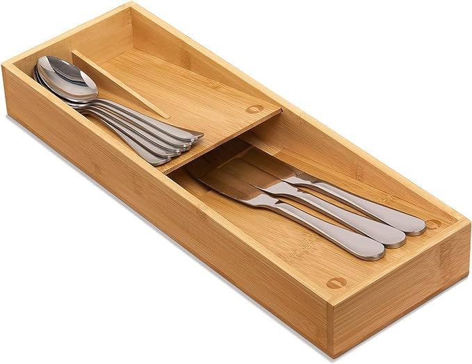 guiogc Bamboo Silverware Drawer Organizer, Kitchen Cutlery Tray,Utensil Holder for Spoons, Forks,... | Amazon (US)