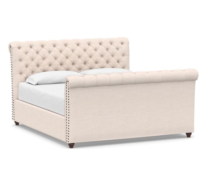 Chesterfield Tufted Upholstered Bed with Footboard  Size: King Bed Fabric and Color: Linen, Class... | Pottery Barn (US)