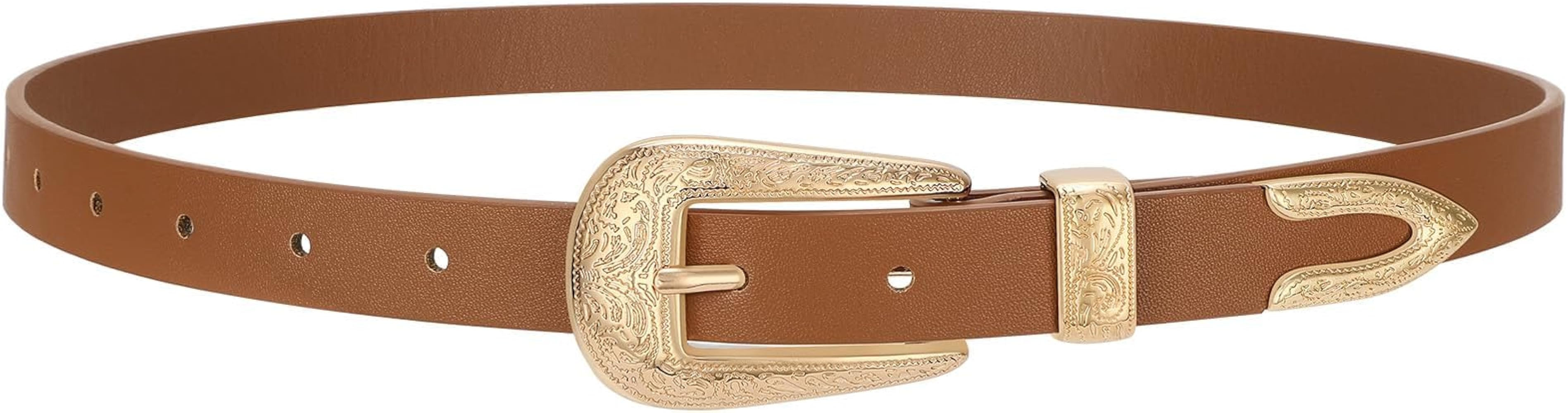 SUOSDEY Western Skinny Leather Belt for Women Cowgirl Cowboy Carving Buckle Waist Belt for Jeans ... | Amazon (US)