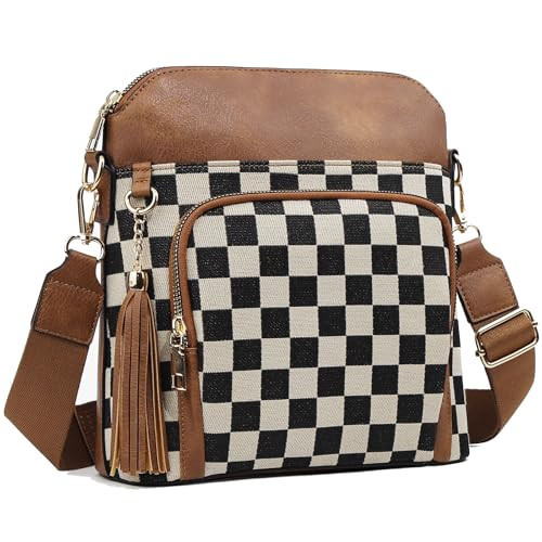 Duyijiff Checkered Crossbody Purses for Women Plaid Medium Cross Body Wallet Trendy Over the Shoulder Handbags (Brown) | Amazon (US)