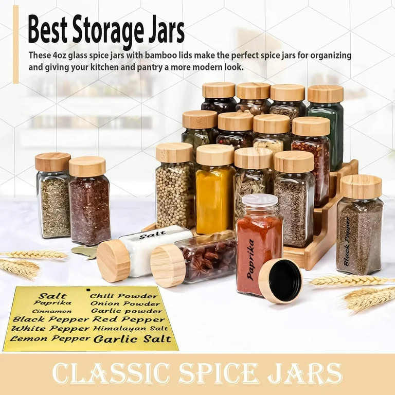 Glass Spice Jars with Bamboo Airtight Lids - (4 Pack) - 4 oz Square Spice Bottles with Shaker Lid... | Walmart (US)
