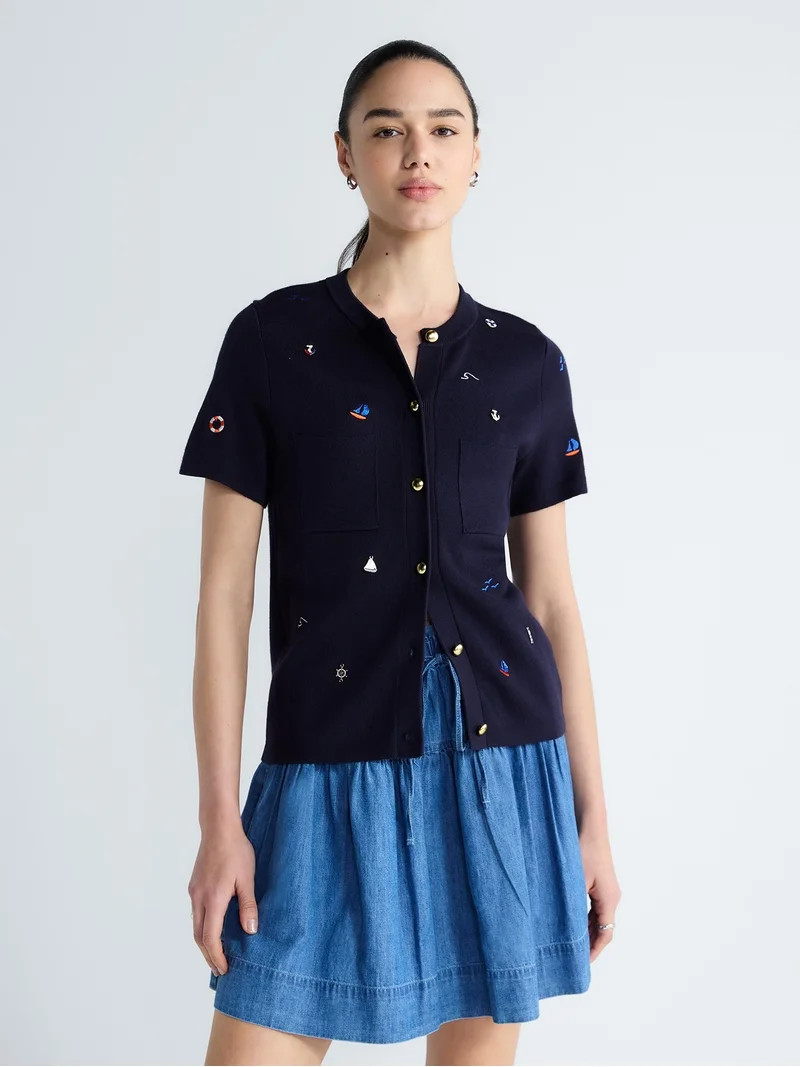 Free Assembly Women's and Women's Plus Embroidered Cardigan Sweater with Short Sleeves, Sizes XS-... | Walmart (US)