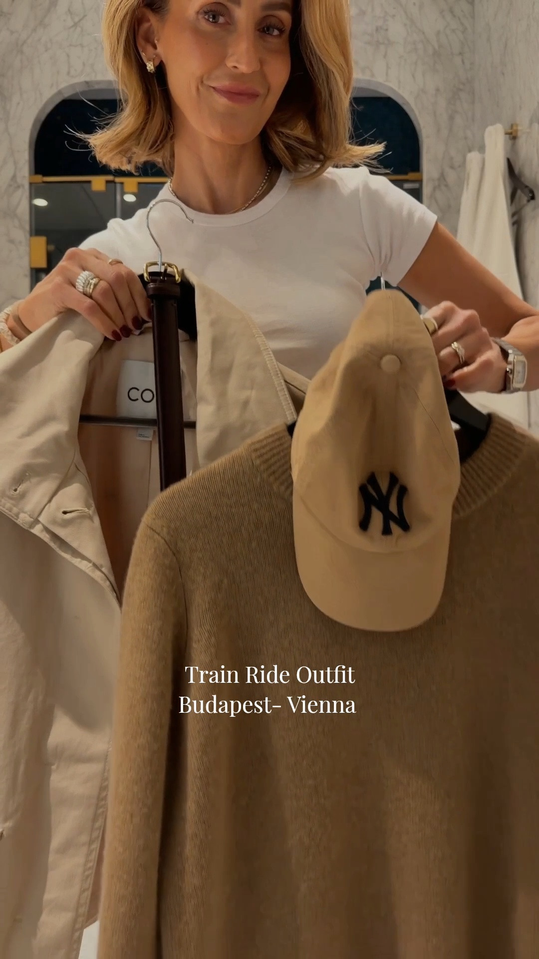 Train ride travel outfit 🚊 Budapest-Vienna 
Comment SHOP and I’ll send you all the links!

Comfy jeans for travels, tee, cashmere crew and funnel neck trench layers, all small sizes. Wore my comfy sneakers and ball cap!