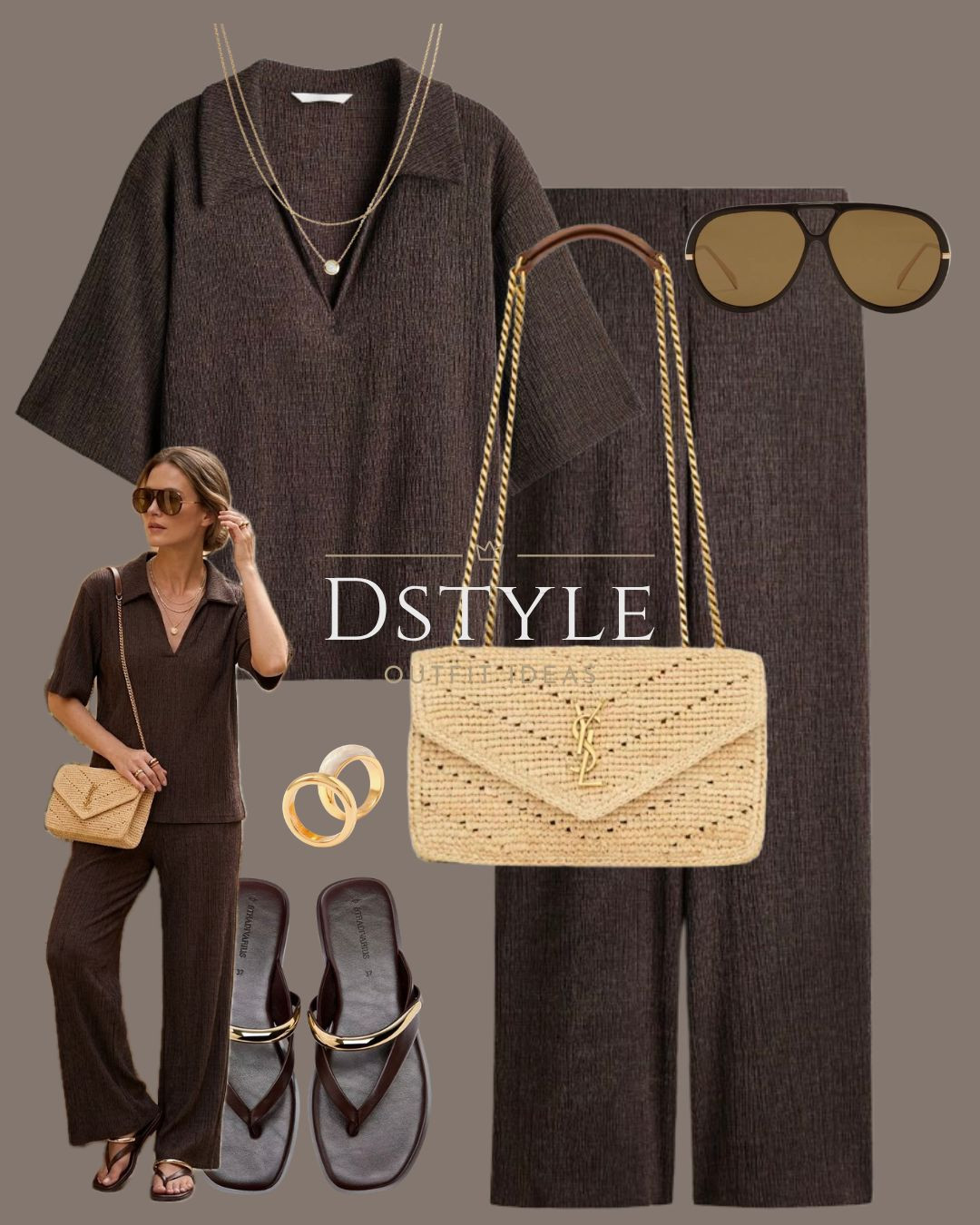 Rich mom aesthetic unlocked. ☕️ This matching plissé collared top and wide-leg pant set in deep espresso brown is pure comfort without sacrificing style. Complemented by a neutral woven YSL bag and gold hardware details. 
tags: Plissé matching set, chocolate brown co-ord, woven YSL handbag, luxury lounge style, monochrome outfits.

#LTKootd