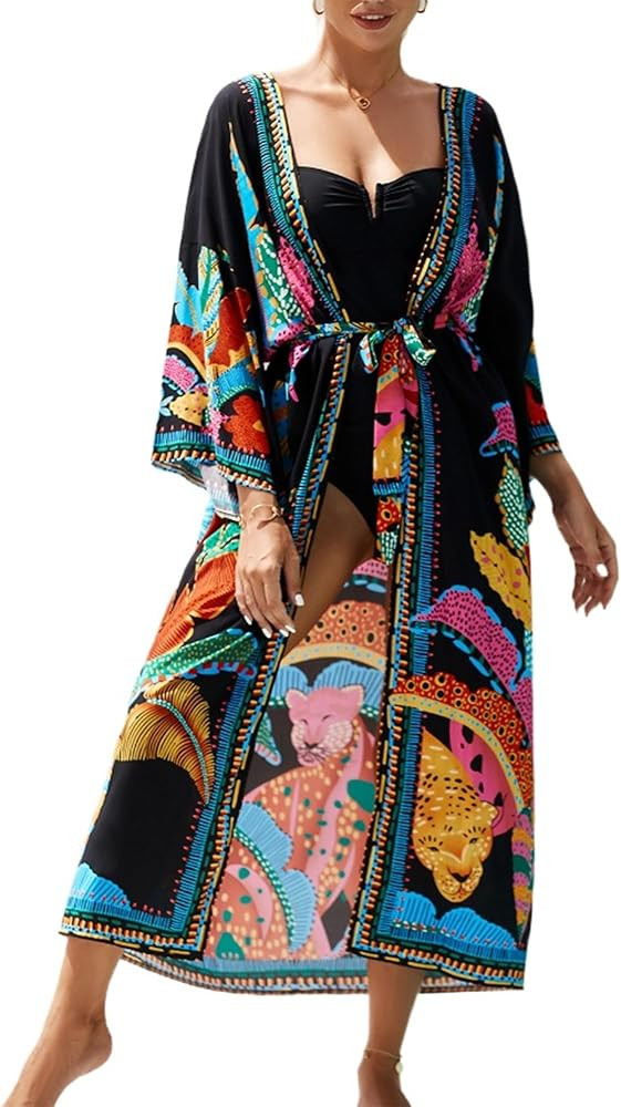 Women Casual Open Front Lightweight Cardigan Long Beach Kimono Cover Up | Amazon (US)