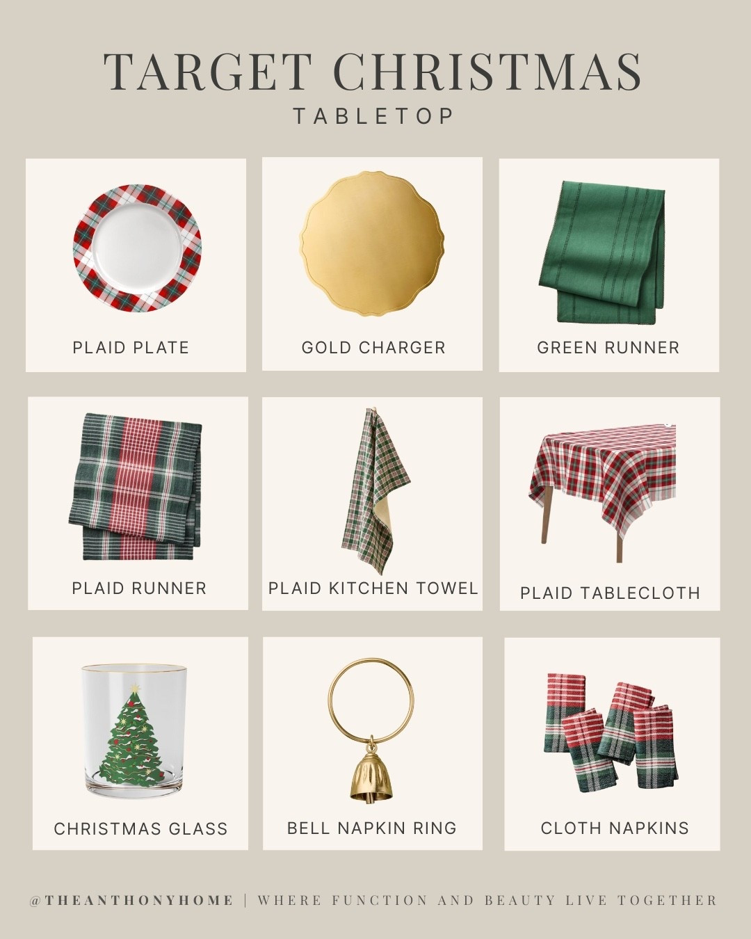 TARGET CHRISTMAS: TABLETOP MADE EASY 🍽️

Plaid + gold + a little evergreen. Dress the table in 5 minutes.

Set it:
• Plaid plate + gold charger = instant place setting
• Green runner or plaid runner (choose one hero)
• Plaid kitchen towel for bread basket/oven pulls
• Plaid tablecloth (photo-ready backdrop)
• Christmas rocks glasses (festive but washable)
• Bell napkin rings + cloth napkins (pull the look together)

Tip: Keep the center low—runner + greenery, candles last.

Everything linked—tap to shop. 

#HolidayTable #TargetFinds #ChristmasEntertaining
