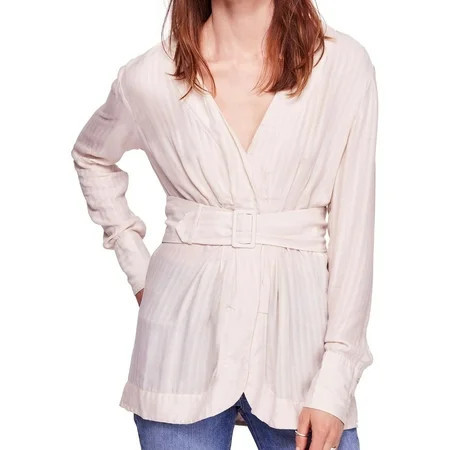Free People Womens Solid Belted Button Down Blouse Beige Small | Walmart (US)