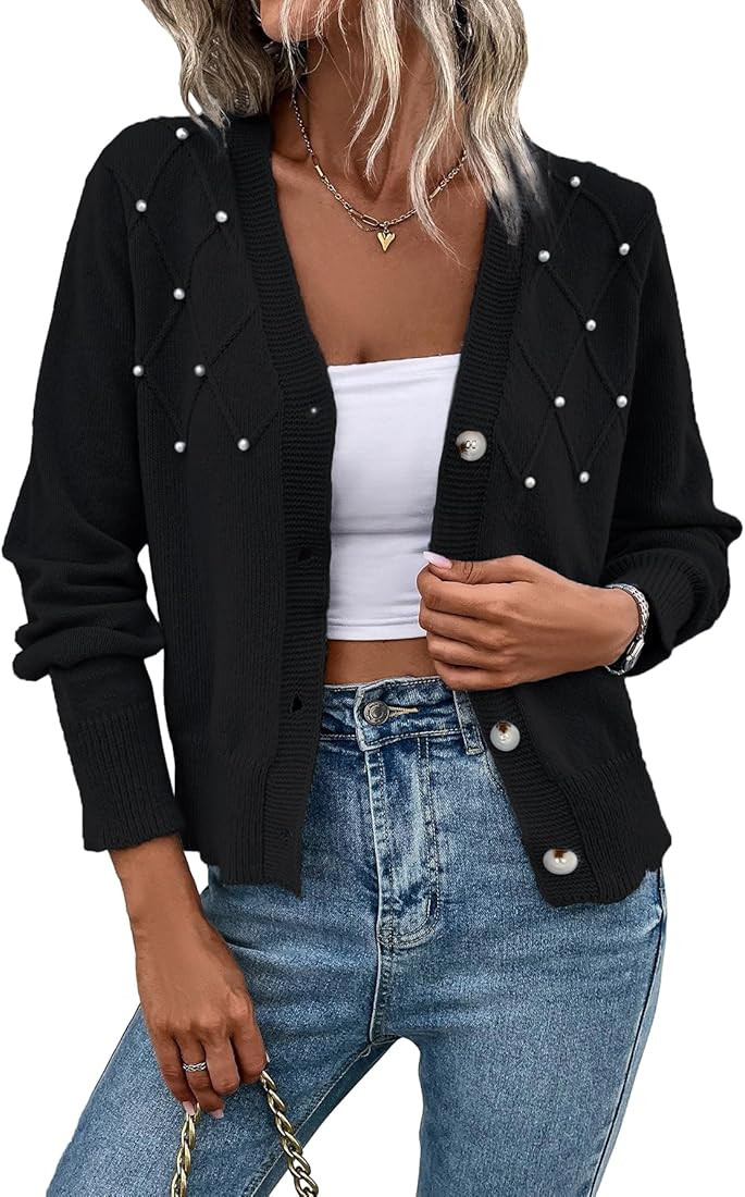 Verdusa Women's Button Front Long Sleeve Sweater Top Pearl Beaded Knit Cardigan | Amazon (US)