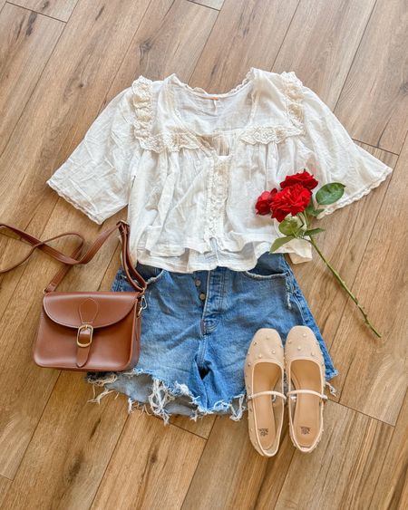 Denim shorts. Simple white blouse. Casual outfit. Summer outfits. Summer outfit. 

#LTKSeasonal #LTKGiftGuide #LTKSaleAlert