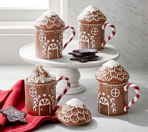 Gingerbread House Lidded Stoneware Mugs - Set of 4 | Pottery Barn CA