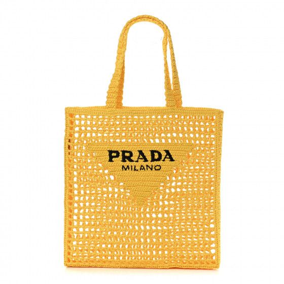 PRADA Raffia Embroidered Logo Tote Bag Giallo | FASHIONPHILE | Fashionphile
