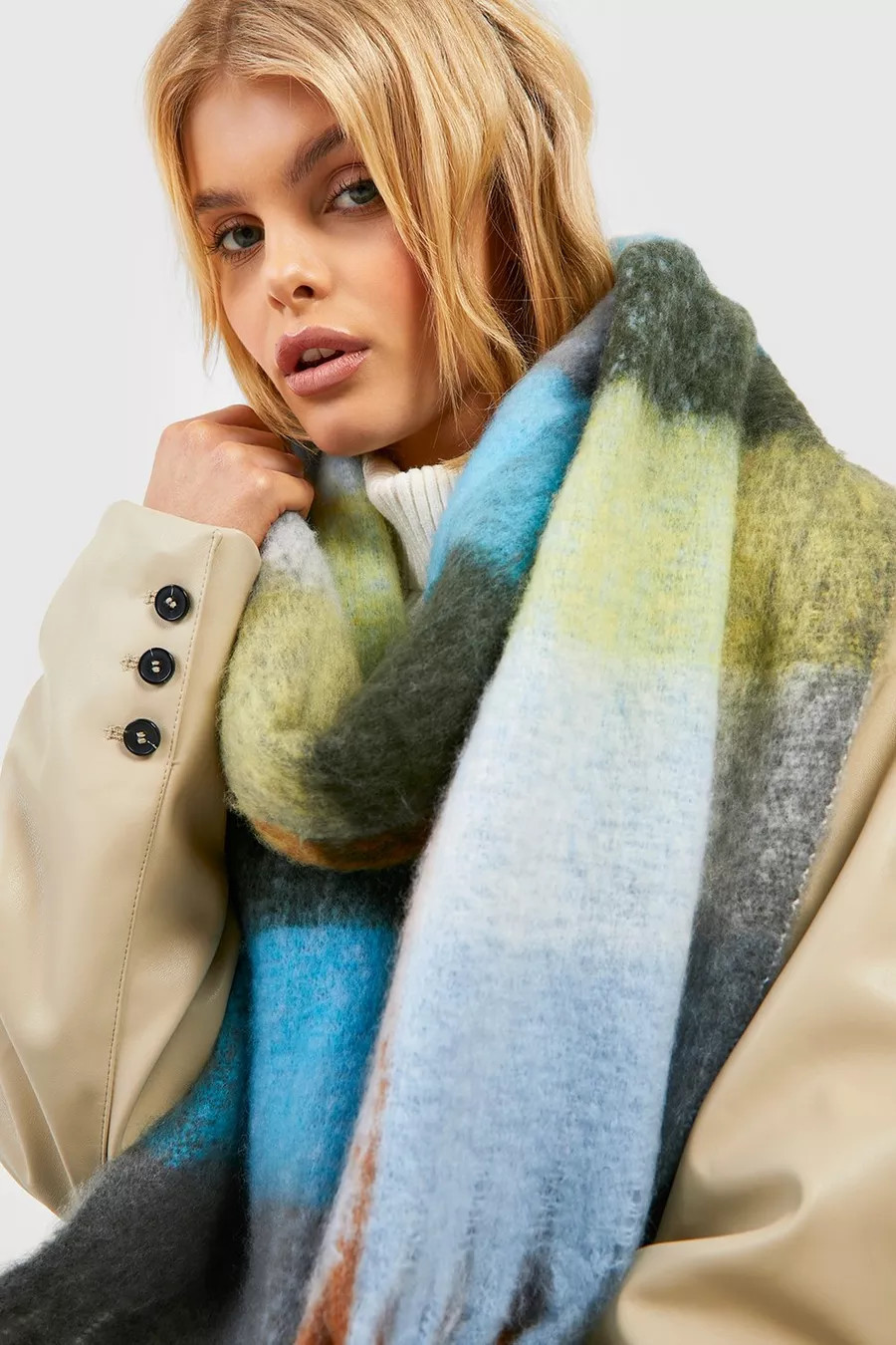 Tonal Multi Check Fringe Scarf | Boohoo.com (UK & IE)