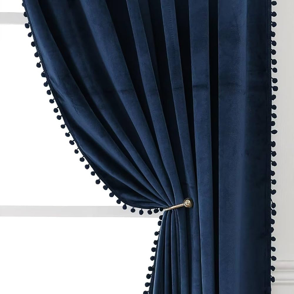 Pom Pom Velvet Curtains 84 Inches for Bedroom, Navy Velvet Curtains- Thermal Insulated Room Darke... | Amazon (US)