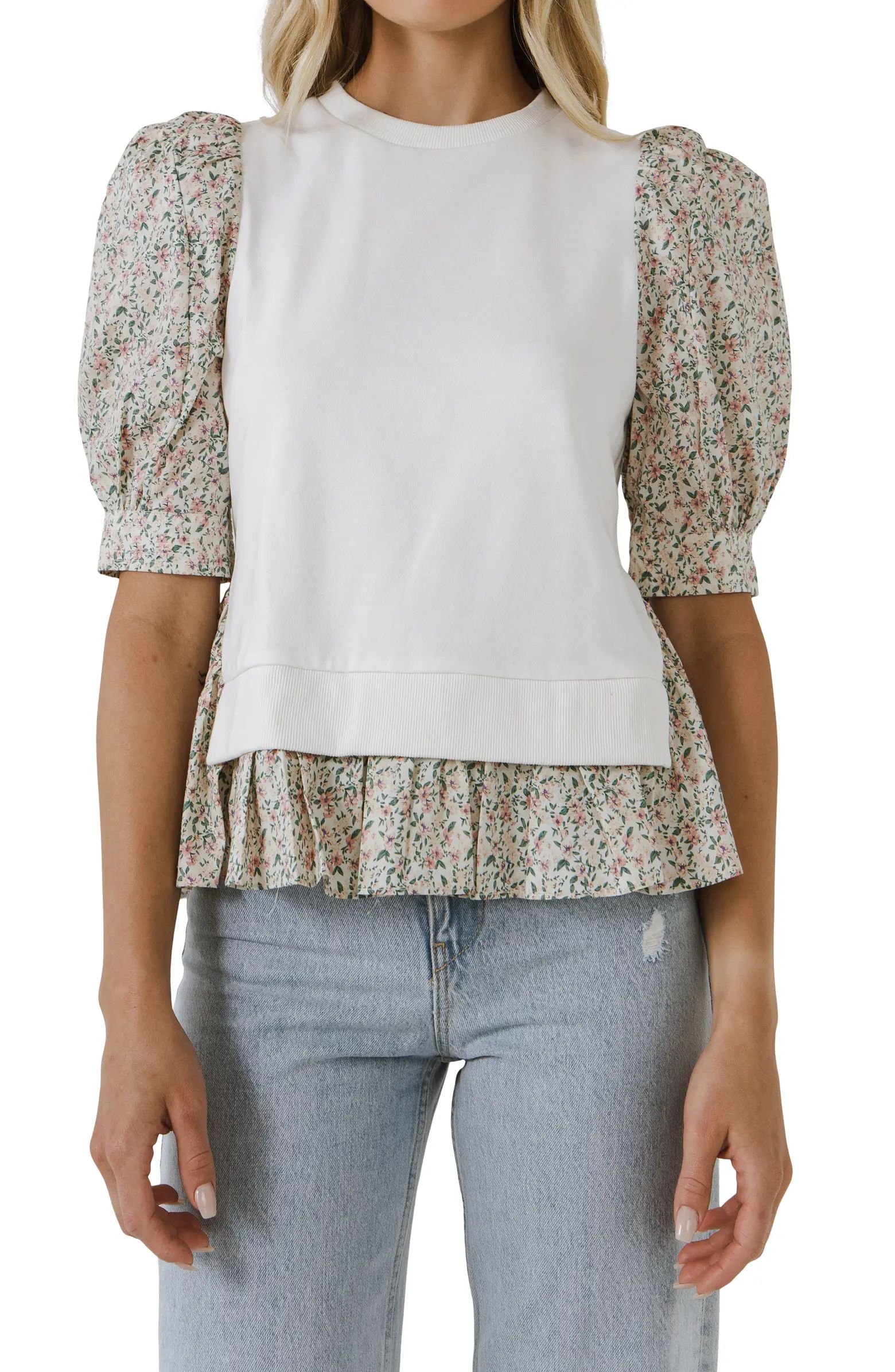 Mixed Media Puff Sleeve Cotton Top | Nordstrom
