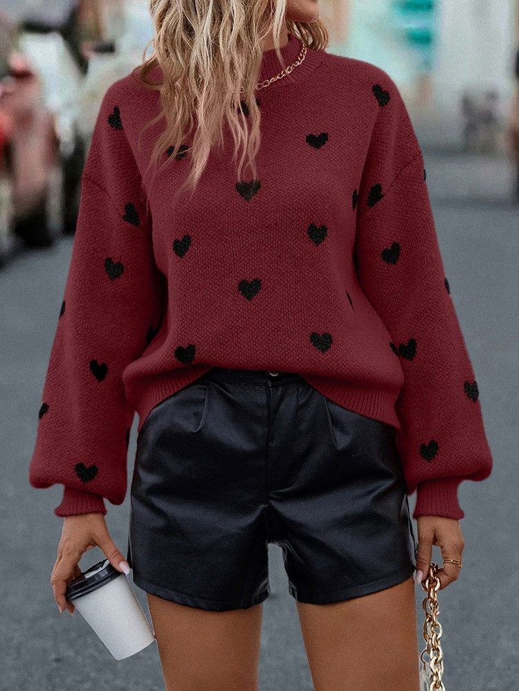 Heart Pattern Mock Neck Drop Shoulder Sweater | SHEIN