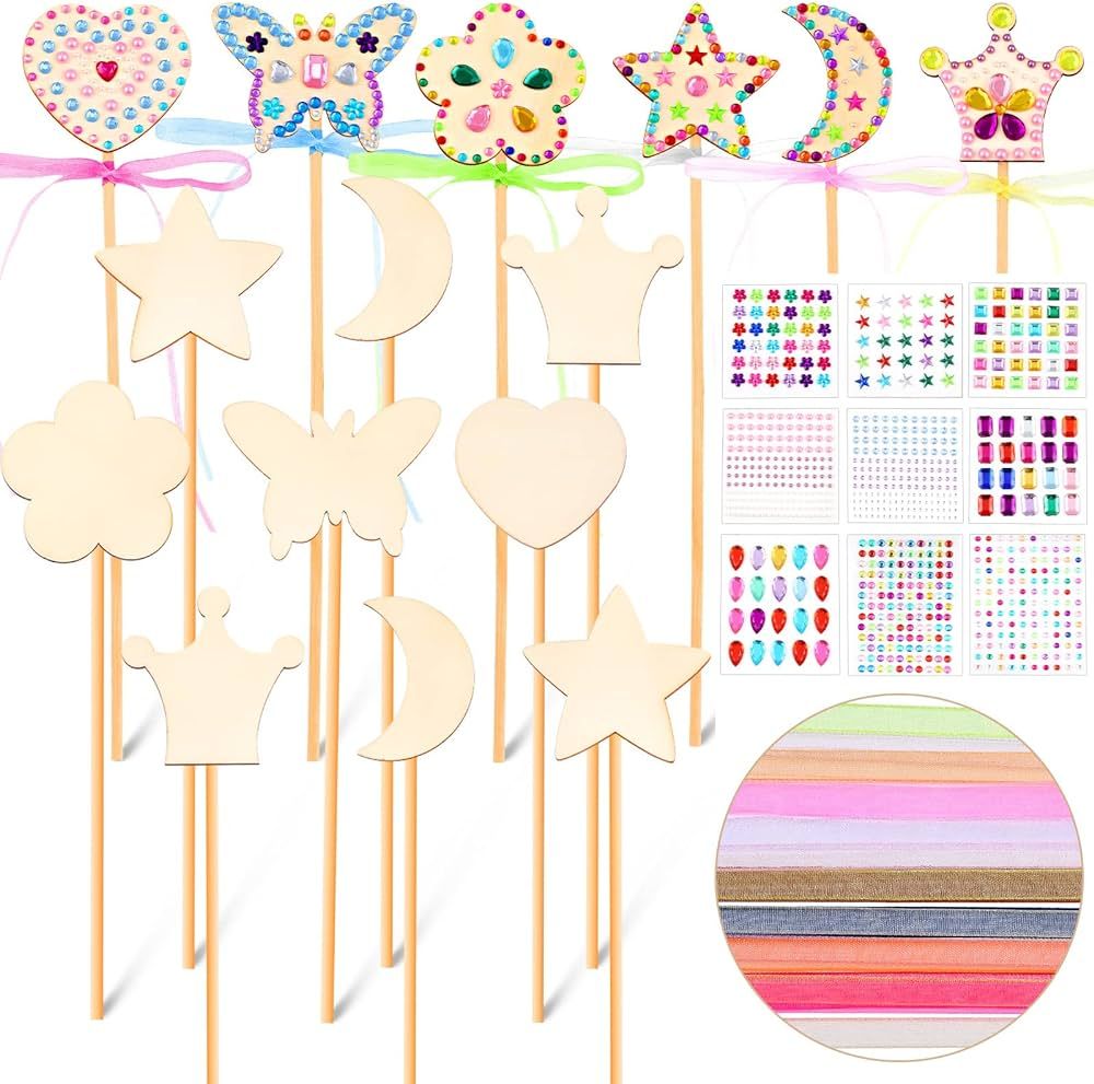 Princess Fairy Wands Kit Include Wooden Fairy Wands, Gem Stickers, Ribbons Unfinished Wooden DIY ... | Amazon (US)