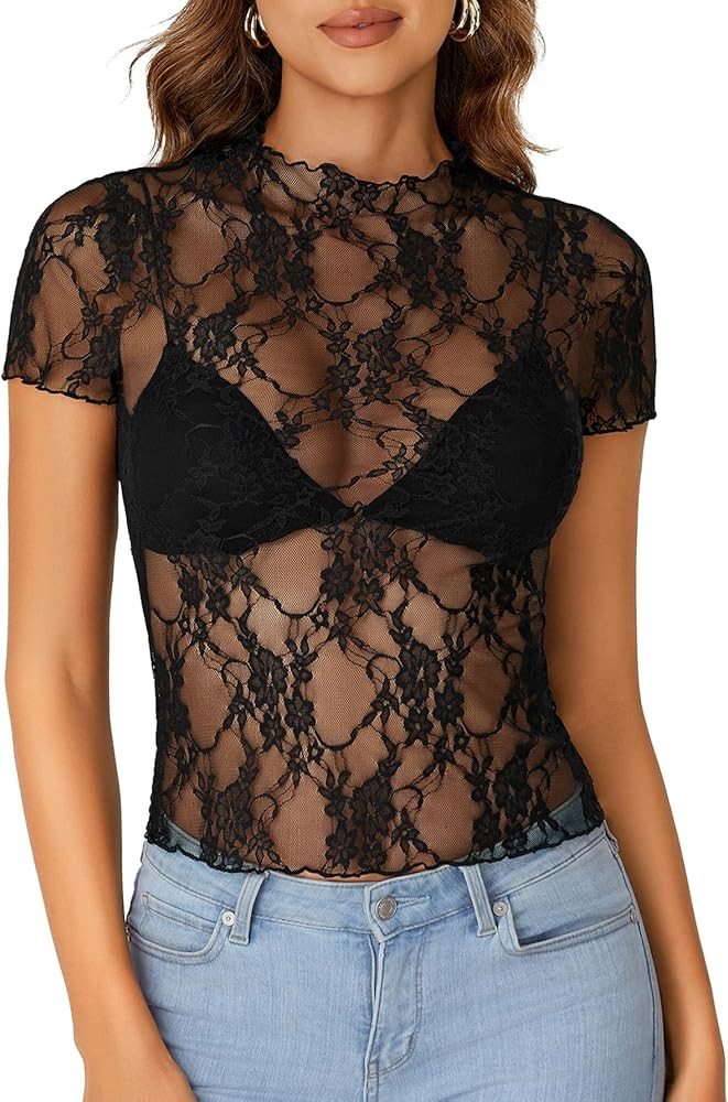 Rooscier Sheer Mesh Top Slim Fit T Shirt | Amazon (US)