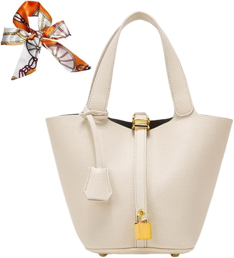 Women's Leather Tote Bag: Fashionable Lock Design Solid Color Bucket Bag Mini Handbag Wallet Hand... | Amazon (US)