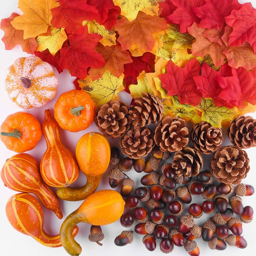 FFEPITO 96 Pcs Fall Thanksgiving Decorations, Mini Artificial Pumpkins, Pine Cones, Fall Leaves, ... | Amazon (US)