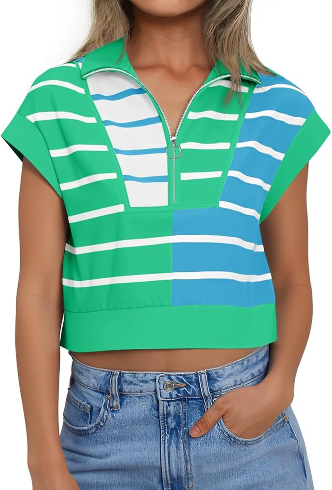 Fiesow Womens Summer Cap Sleeve Half Zip Striped Cropped T Shirts Casual Color Block Collared V N... | Amazon (US)