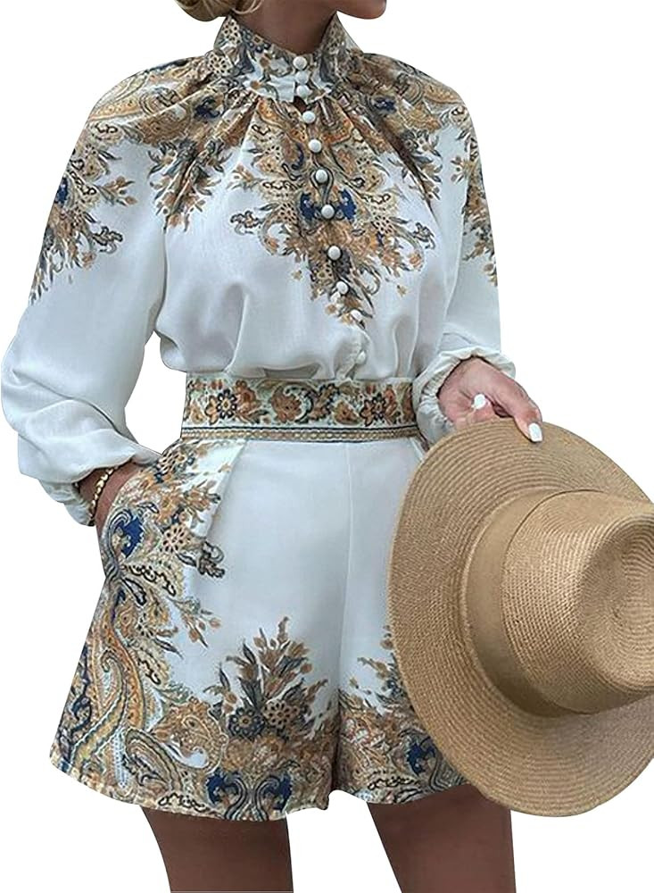Gihuo Womens Boho Print Long Sleeve Top High Waist Shorts Sets 2 Piece Outfits Tropical Romper Su... | Amazon (US)